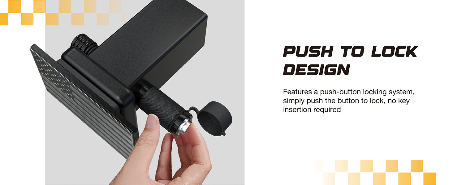 Features a push-button locking system,simply push the button to lock, no keyinsertion required.
