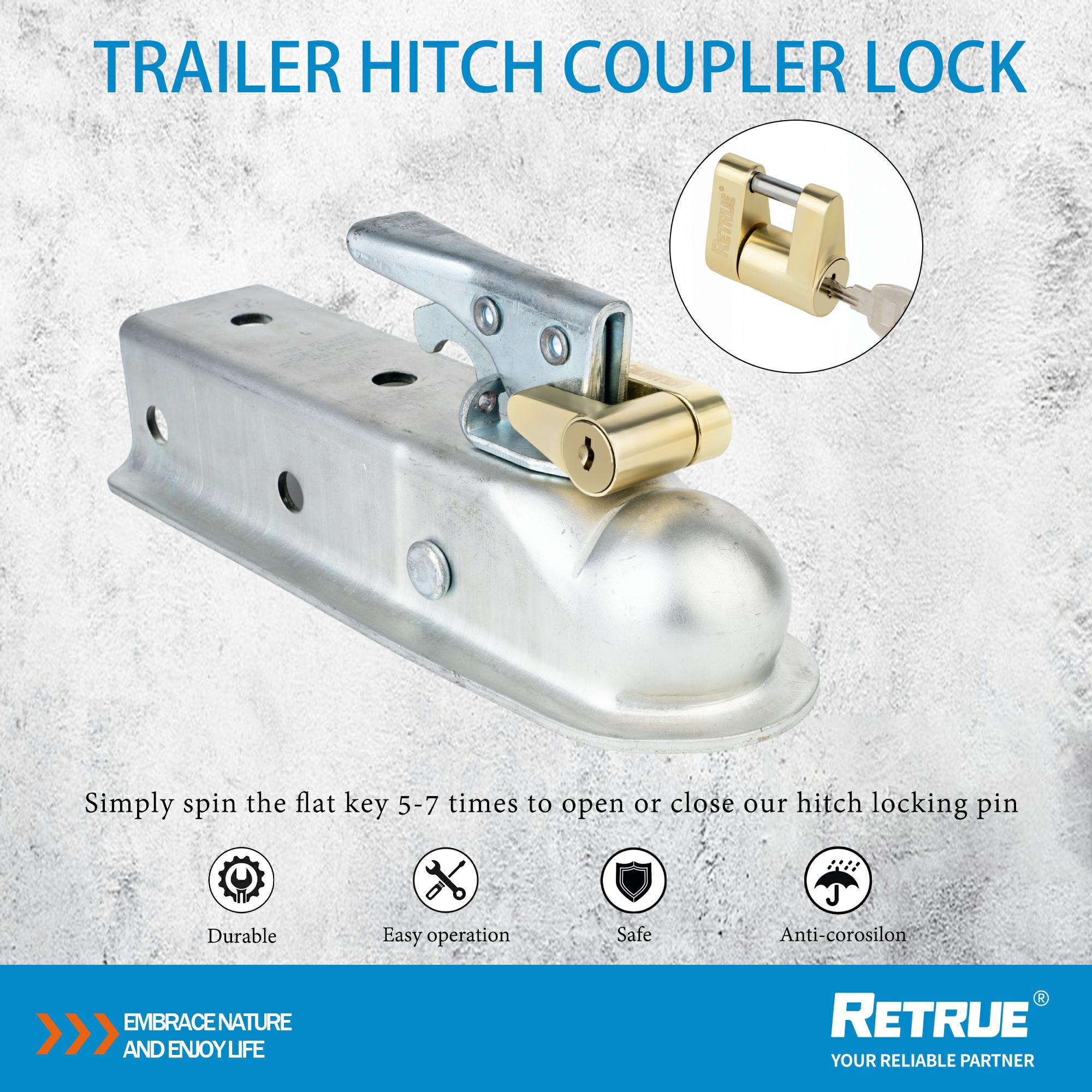Trailer Tongue Coupler Lock Dia 1/4 Inch, 3/4 Inch Span, Gold, RTL200G