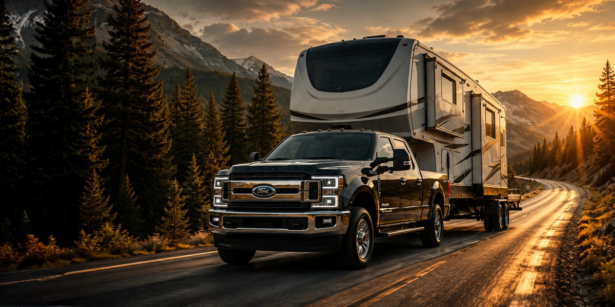 RETRUE Ford truck towing RV trailer on mountain road with air suspension kits, load leveling support, and towing accessories