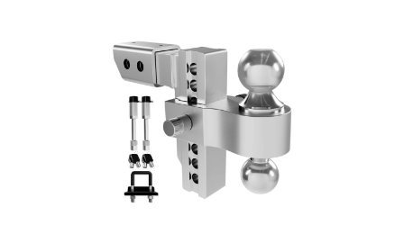 RETRUE drop hitch ball mount with receiver towing accessories for trailer connection, adjustable height setup, RV hauling, and truck towing control.