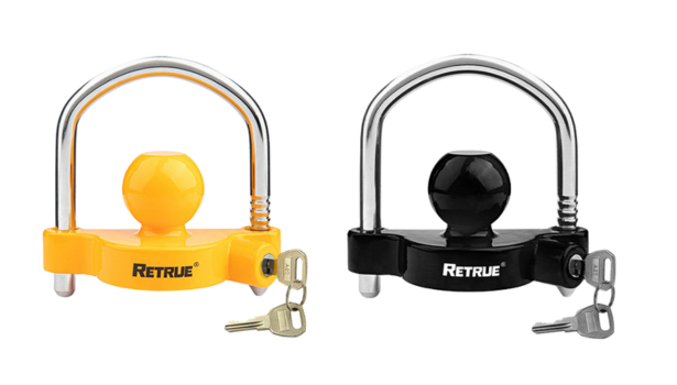 RETRUE dual-color trailer tongue lock for coupler security, theft deterrence, RV protection, boat trailer safety, and utility trailer locking.