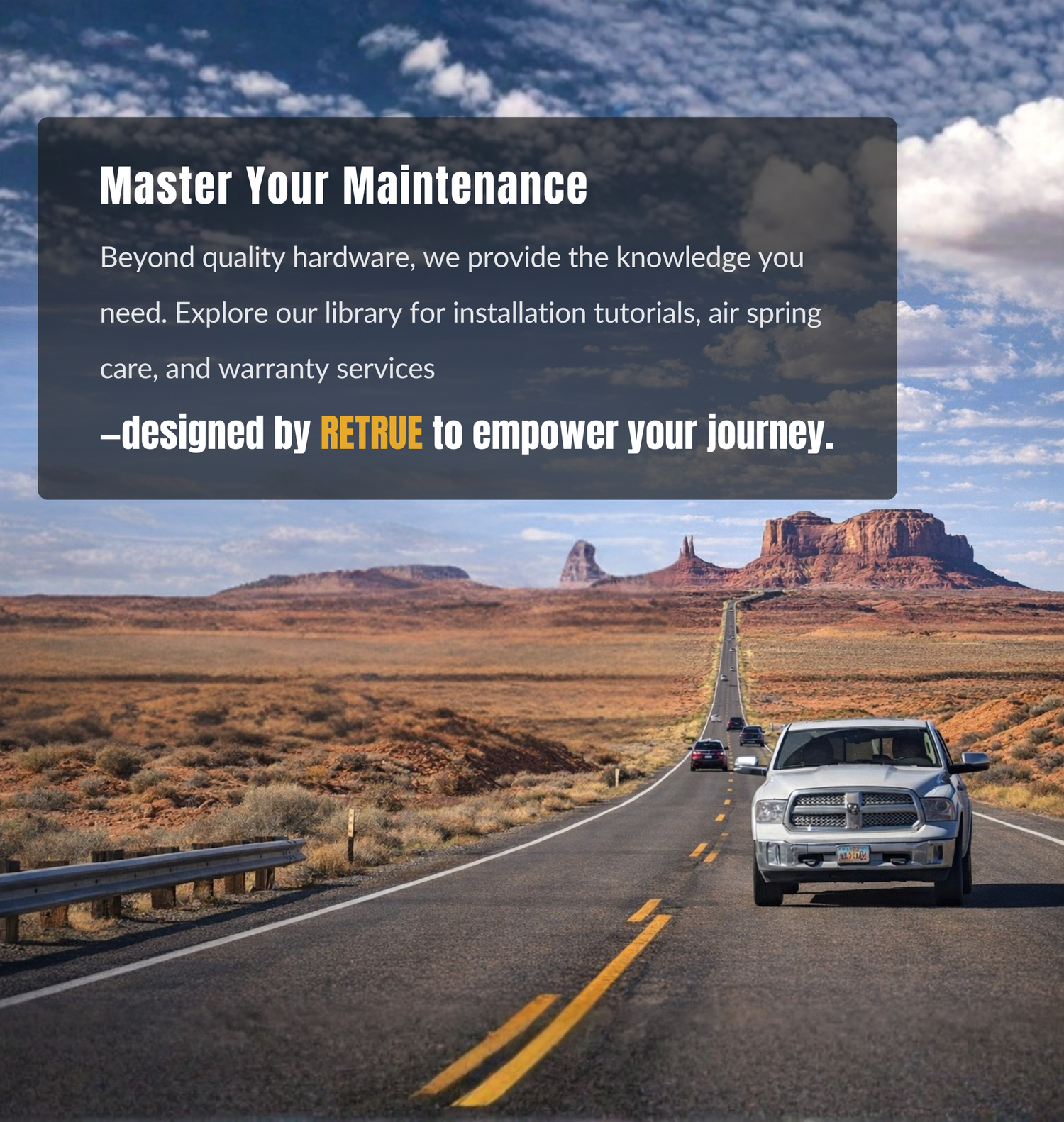 RETRUE help center featuring air suspension installation guides, air bag maintenance tutorials, towing support resources, truck suspension troubleshooting, warranty assistance, and product care information