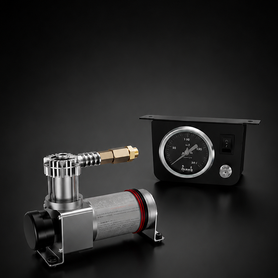 RETRUE onboard air compressor kit with pressure gauge and air suspension control system for truck air bag suspension, load leveling, towing performance, and adjustable air spring support