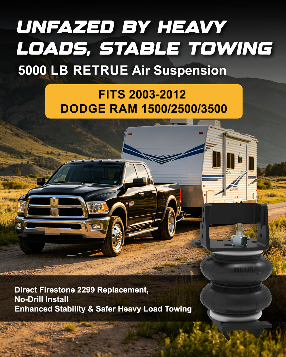 RETRUE 5000 lb air suspension kit for 2003-2012 Dodge RAM 1500, 2500, and 3500 heavy load towing, no-drill install, and stability