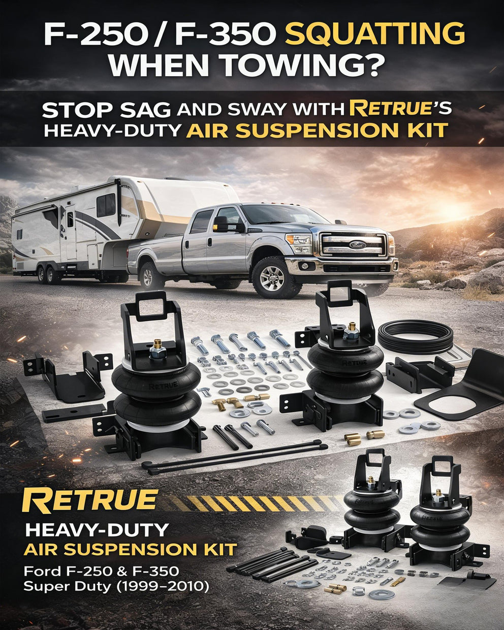 RETRUE heavy-duty air suspension kit for Ford F-250 and F-350 Super Duty towing, load leveling, sag reduction, and sway control