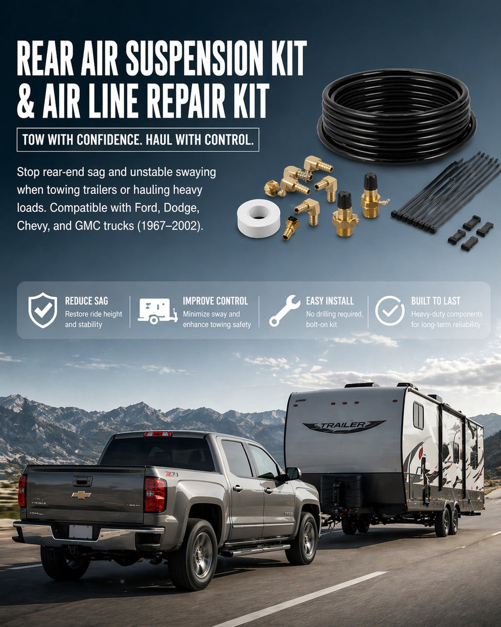 RETRUE rear air suspension kit and air line repair kit for Ford, Dodge, Chevy, and GMC truck towing, load leveling, and sway control