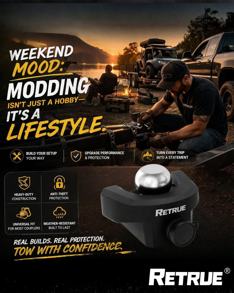 RETRUE trailer coupler lock for anti-theft protection, heavy-duty towing security, universal fit, and weather-resistant trailer protection