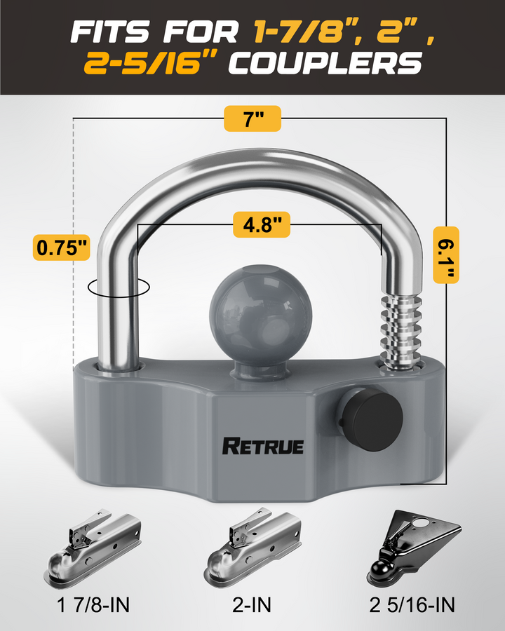 Size detail diagram of RETRUE heavy duty universal widened coupler lock.