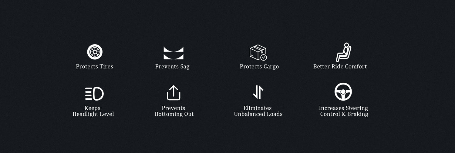 Air suspension benefits infographic showing eight advantages: protects tires, prevents sag, protects cargo, better ride comfort, keeps headlight level, prevents bottoming out, eliminates unbalanced loads, increases steering control & braking.