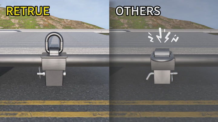 RETRUE upgraded stake pocket D rings with rubber shims for trailers and flatbed trucks, demonstrating installation, secure locking and reduced movement during cargo tie-down use.