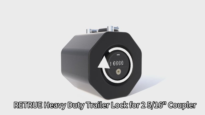 RETRUE 2-5/16 inch trailer coupler lock demonstration video featuring a combination handle lock, heavy-duty carbon steel construction, rust-resistant coating, and anti-theft protection for RV, boat, utility, and cargo trailers.