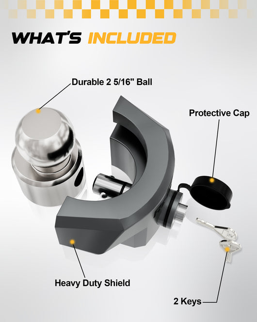 RETRUE 2-5/16 trailer coupler lock package includes heavy duty shield, durable ball, protective cap, and 2 keys for trailer hitch security.